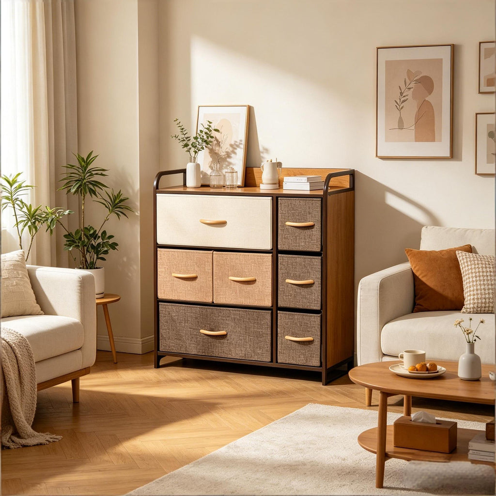 3-Tier Storage Organizer with 7 Drawers Maple Wood Dresser for Bedroom Entryway Steel Frame