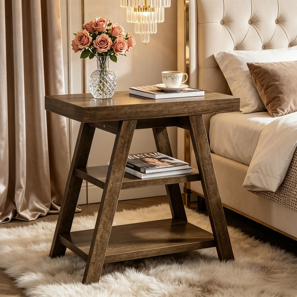 3-Tier Wood End Table Sofa Side Table with Storage Shelf - Living Room Decorative Wooden Table