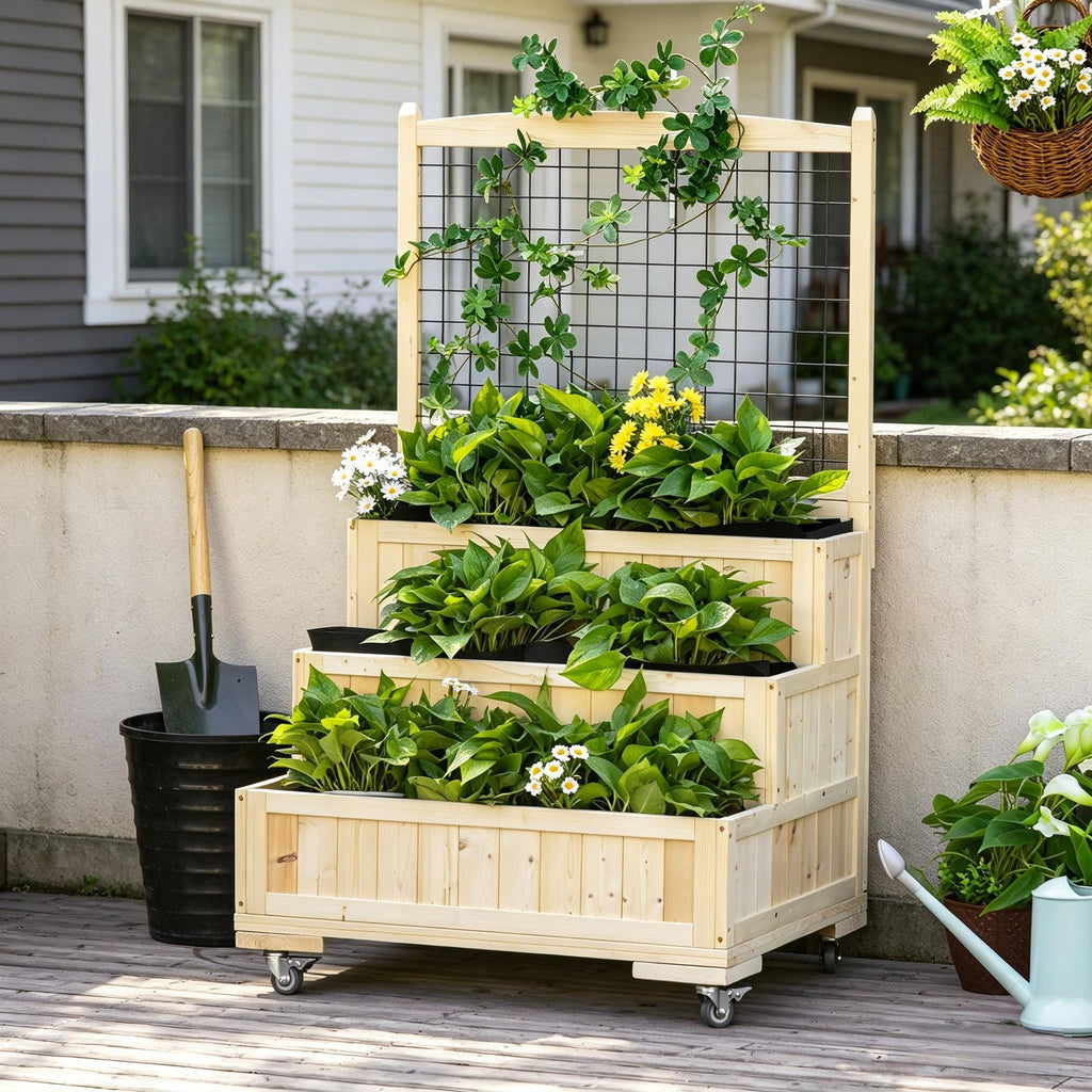 3-Tiers Vertical Raised Garden Bed with Trellis 53 Inch Height with Wheels And Back Storage Area for Flowers Vegetables Herbs
