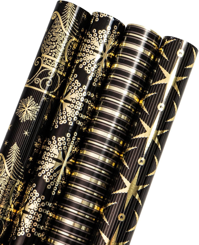 30 Inch Christmas Wrapping Paper Roll - Jumbo Roll Black Gold Christmas Sleigh Holiday Design with Metallic Foil Shine - 4 Rolls - 30 Inch x 120 Inch Per Roll
