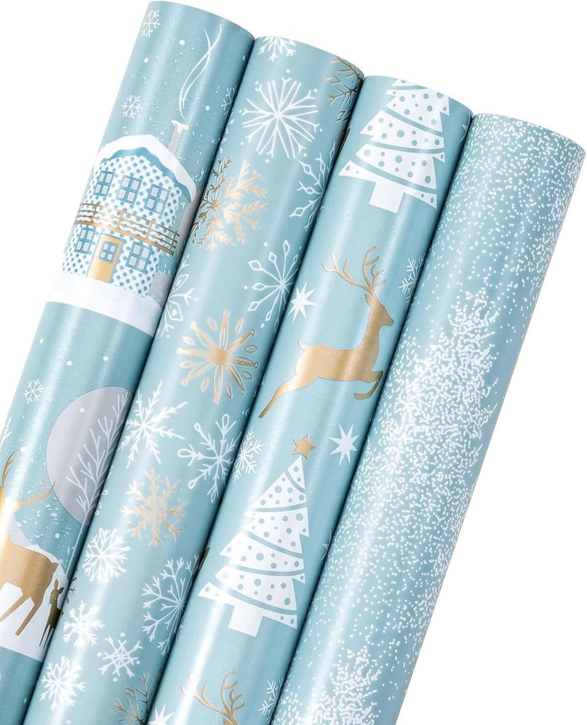 30 Inch Christmas Wrapping Paper Roll - Jumbo Roll Blue and Silver Reindeer, Christmas Tree, Snowflake Holiday Design Printed on Pearlized Paper - 4 Rolls - 30 Inch x 120 Inch Per Roll