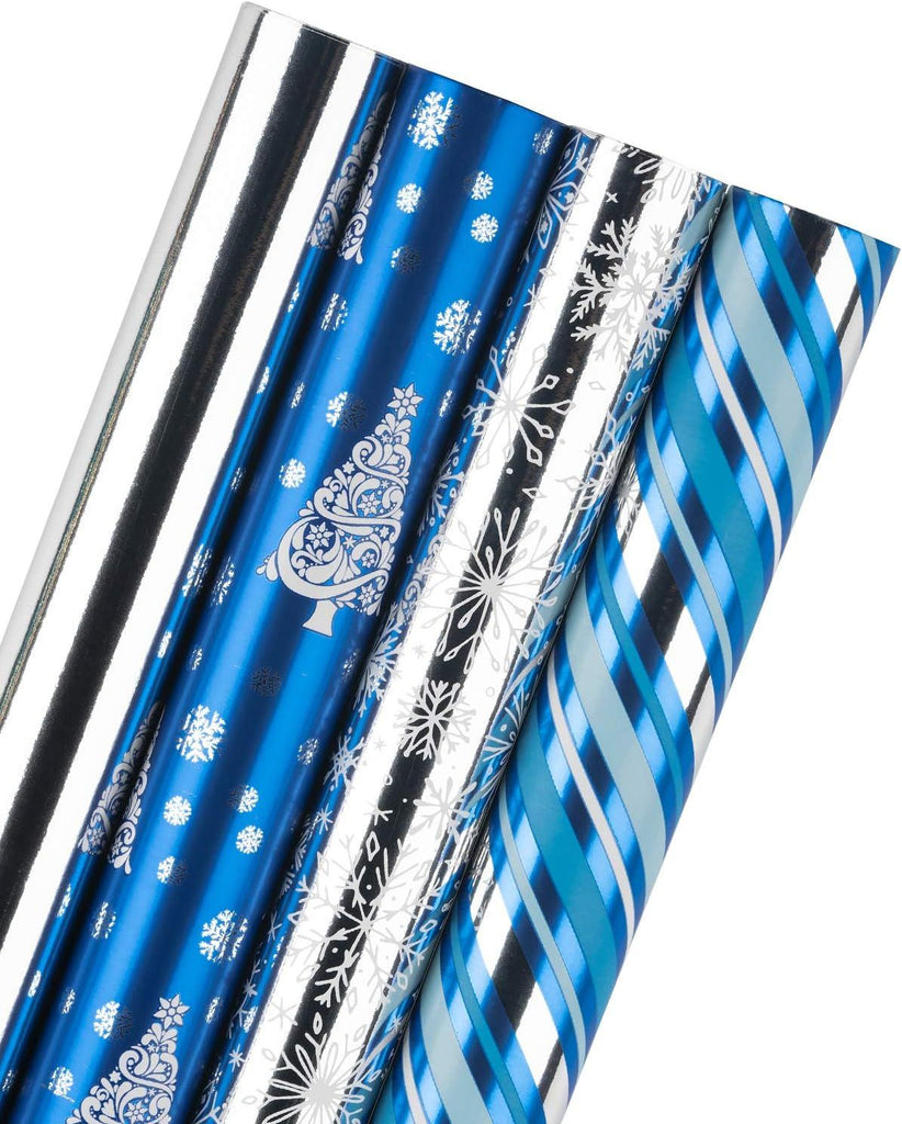 30 Inch Christmas Wrapping Paper Roll - Jumbo Roll Blue and Silver Snowflake and Stripe Set with Metallic Foil Shine - 4 Rolls - 30 Inch x 120 Inch Per Roll