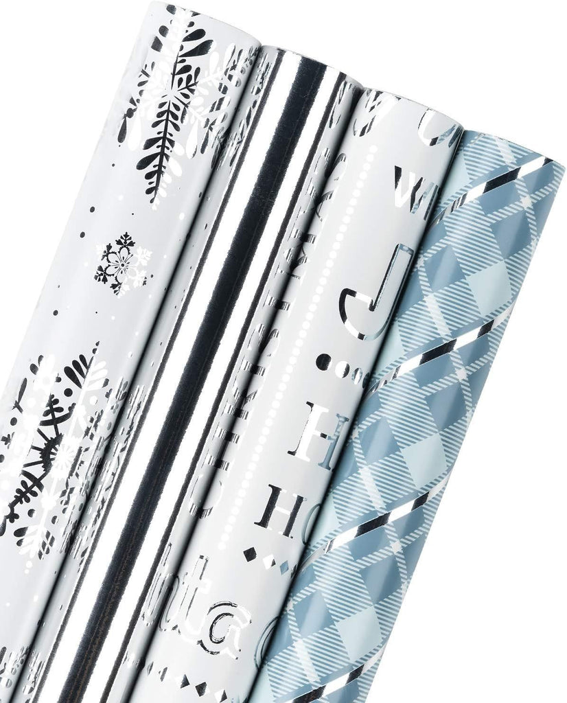 30 Inch Christmas Wrapping Paper Roll - Jumbo Roll Blue and Silver Snowflake Holiday Design with Metallic Foil Shine - 4 Rolls - 30 Inch x 120 Inch Per Roll
