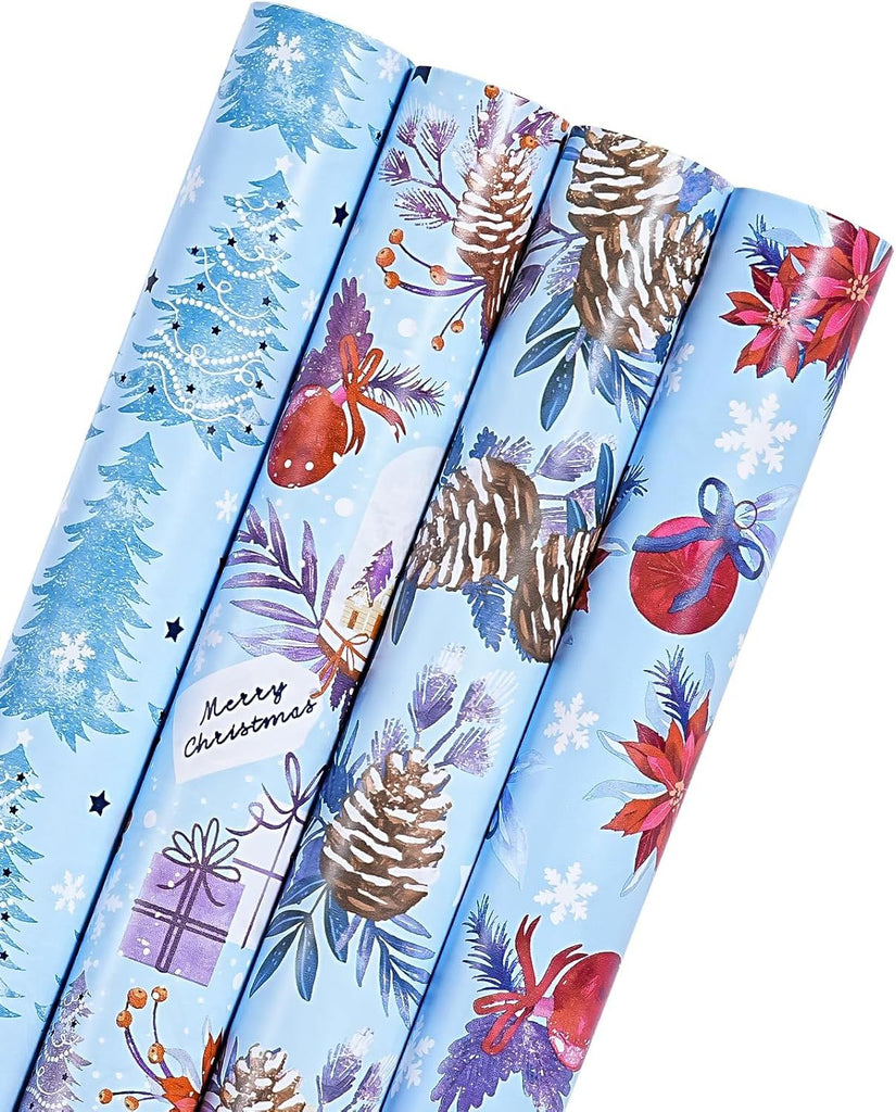 30 Inch Christmas Wrapping Paper Roll - Jumbo Roll Red and Blue Snow Globe, Pinecone, Poinsettia, Christmas Tree Wrapping Paper - 4 Rolls - 30 Inch x 120 Inch Per Roll