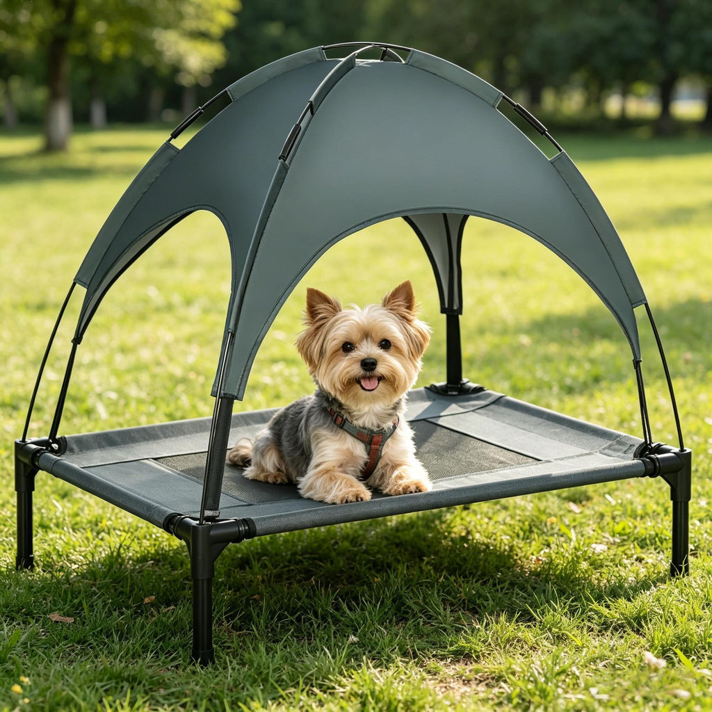 30 Inch Elevated Dog Bed with Removable Canopy UV Protection Outdoor Dog Cot Shade Pet Bed for Camping Gray