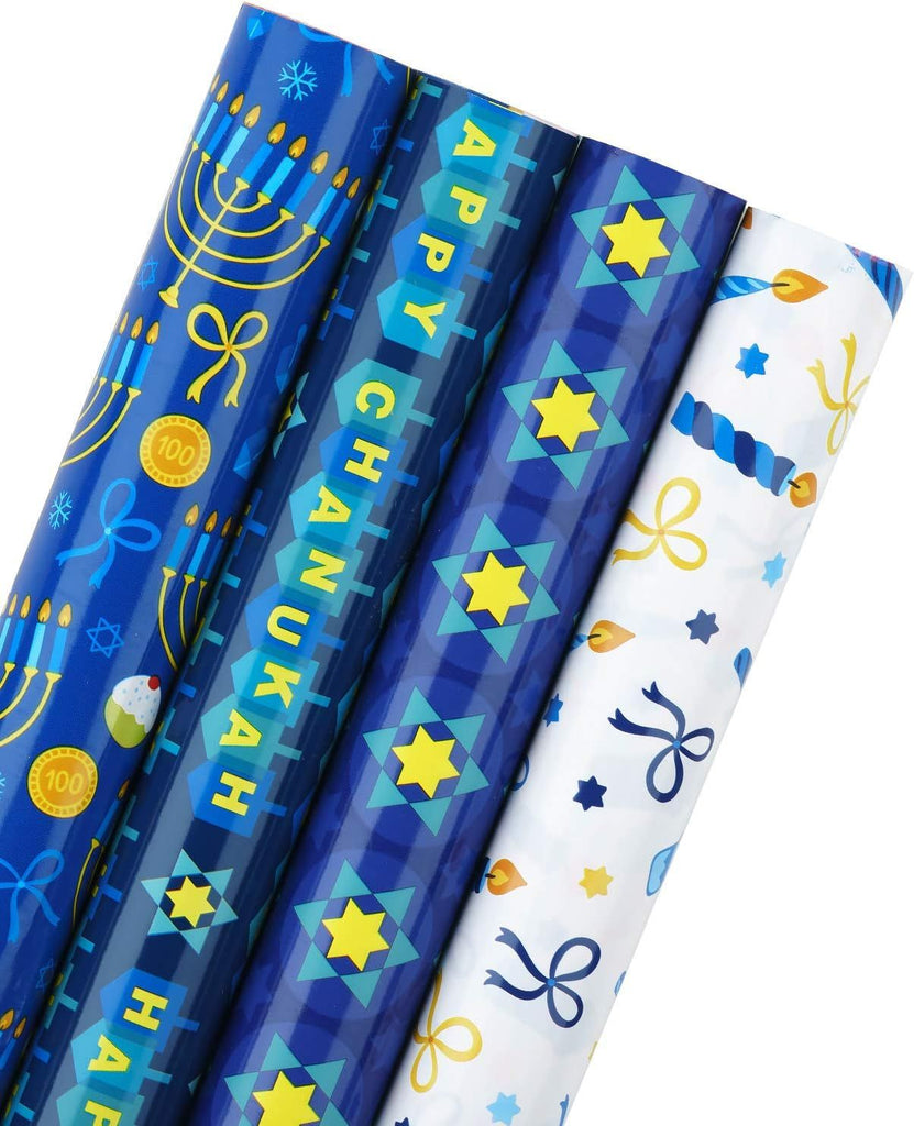 30 Inch Hanukkah Wrapping Paper Roll - Jumbo Roll Menorahs, the Star of David, Candles Design for Chanukah Celebration - 4 Rolls - 30 Inch x 120 Inch Per Roll