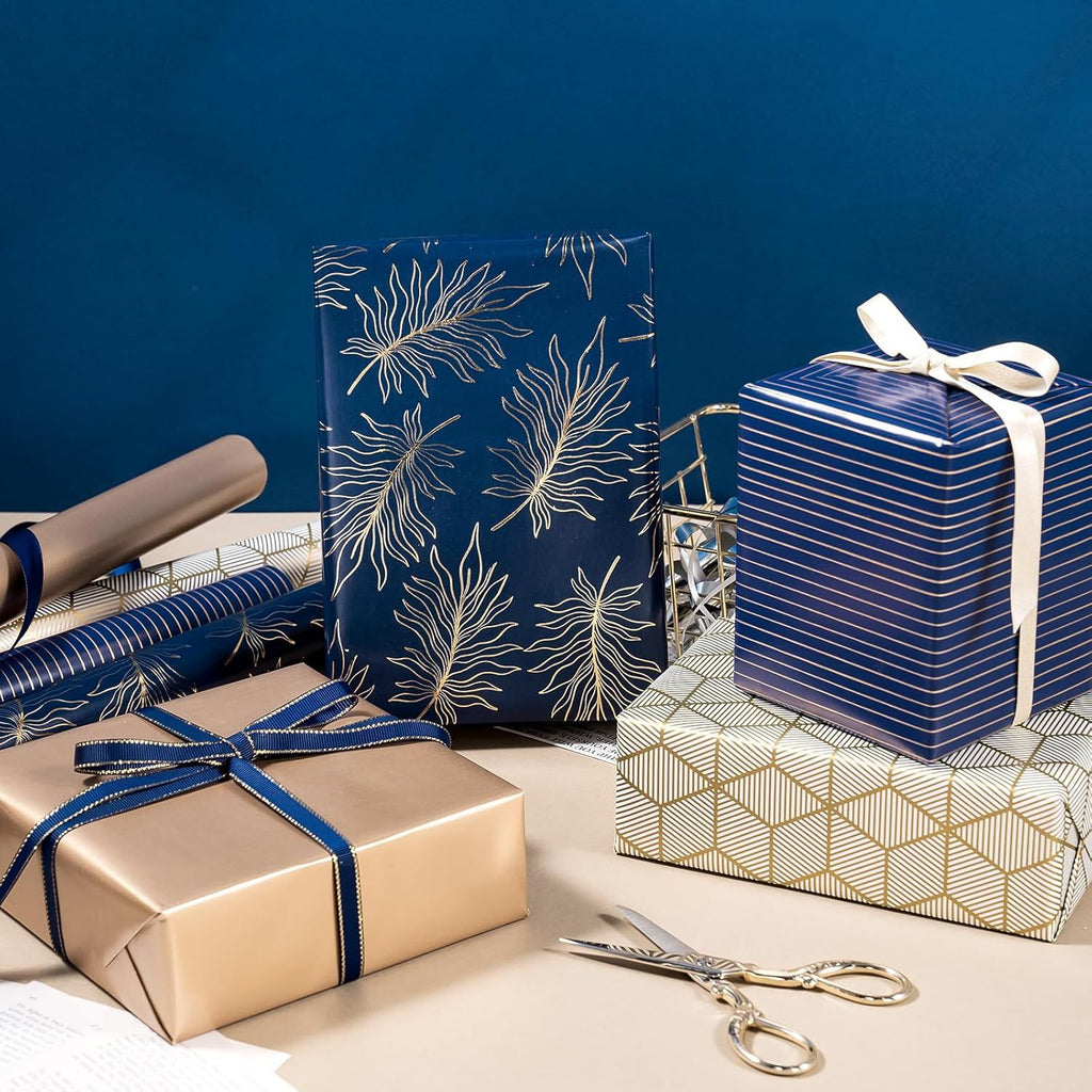 30 Inch Navy Wrapping Paper - Jumbo Roll Gold and Navy Print with Cut Lines for Christmas, Birthday, Holiday, Father's Day, Baby Shower - 4 Rolls - 30 Inch x 120 Inch Per Roll