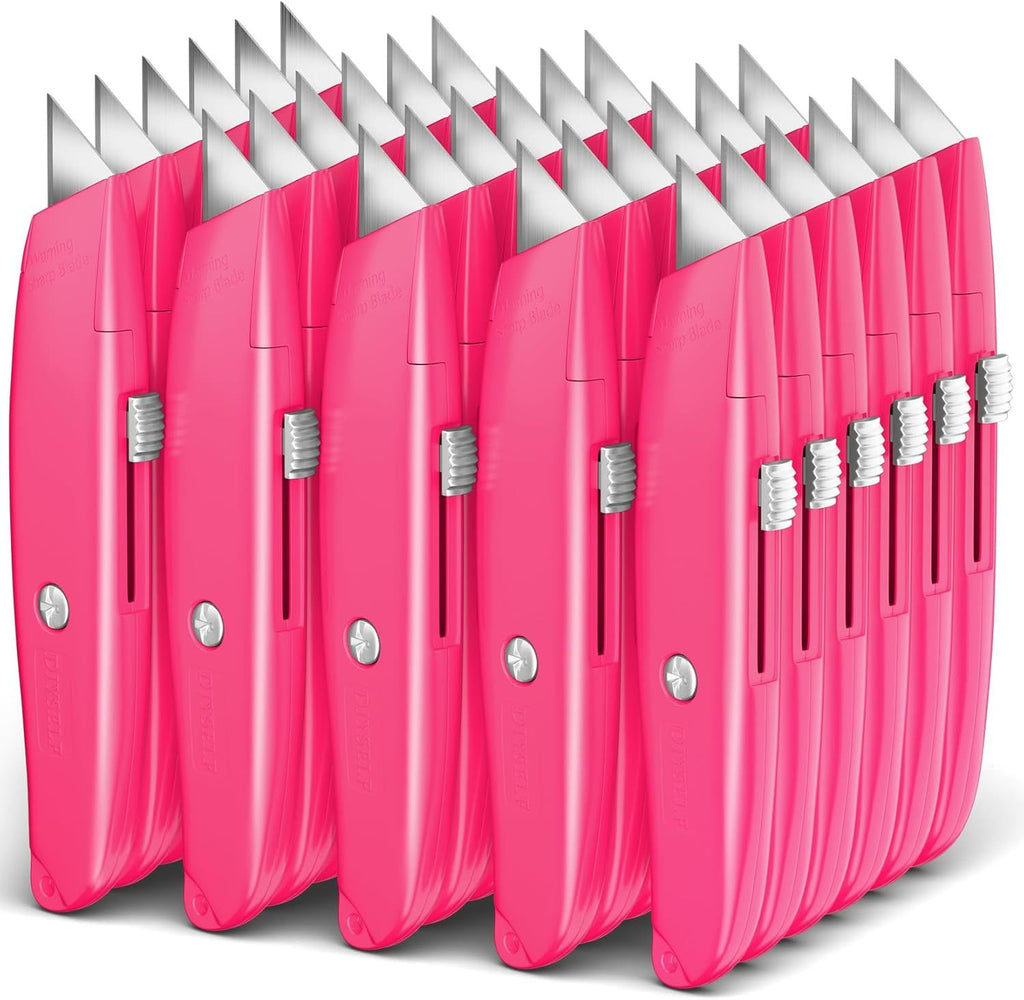 30 Pack Box Cutter Heavy Duty Aluminium Shell Utility Knife | SK5 Steel Sharp Blade | Retractable Knife for Cutting Cartons Ropes and Cardboard | Home and Office Use, PVC Pipe Cutter (Pink)