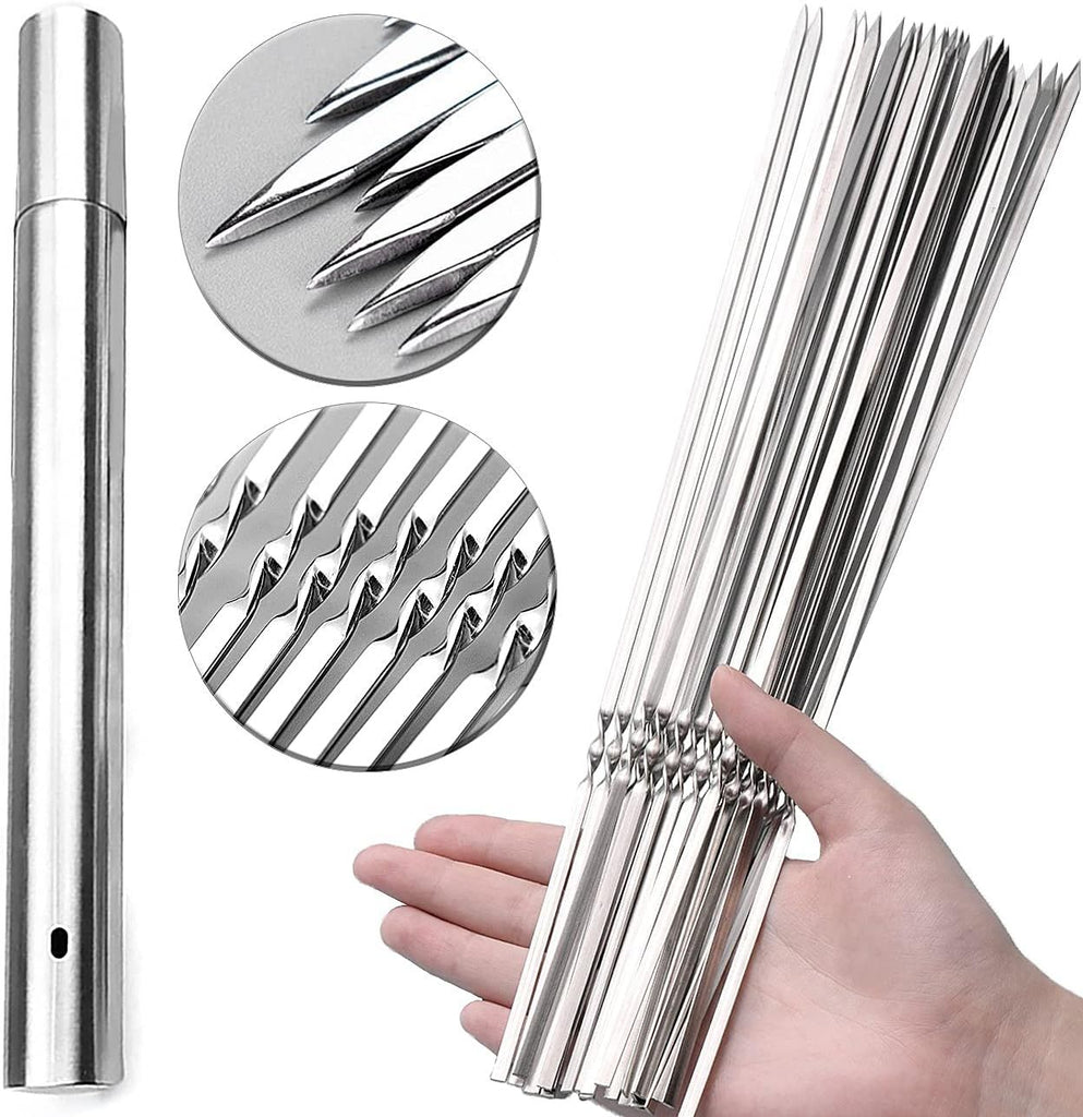 30 Pack Kebab Skewers, 15" Long Flat Stainless Steel BBQ Shish Kabob Skewers with Portable Metal Storage Tube, Reusable Meat Sticks Set for Grilling, Marshmallow, Vegetable, Shiskabob Barbecue