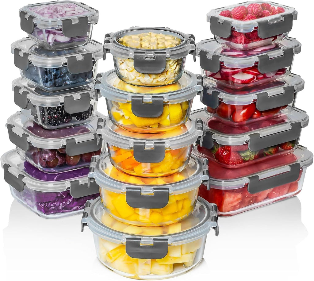 30 PC Glass Food Storage Containers with Lids - Reusable Glass Meal Prep Containers for Lunch & Leftovers - Airtight & Leakproof Snap Locking Lids - Oven, Freezer, Microwave & Dishwasher Safe