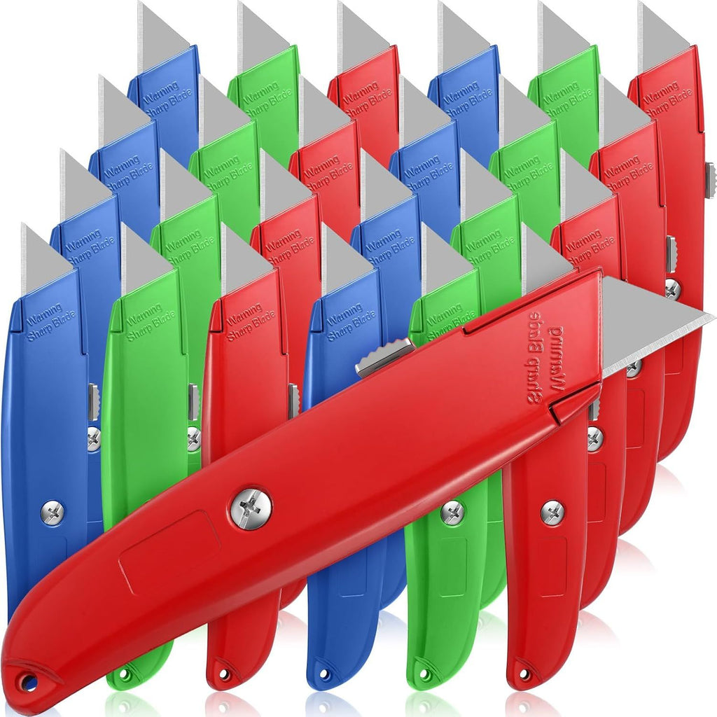 30 Pcs Box Cutter Bulk Retractable Blade Utility Knife Heavy Duty Aluminum Alloy Razor Shell Knife for Cartons, Cardboard and Boxes, DIY, Factory, Home(Red, Green, Blue)