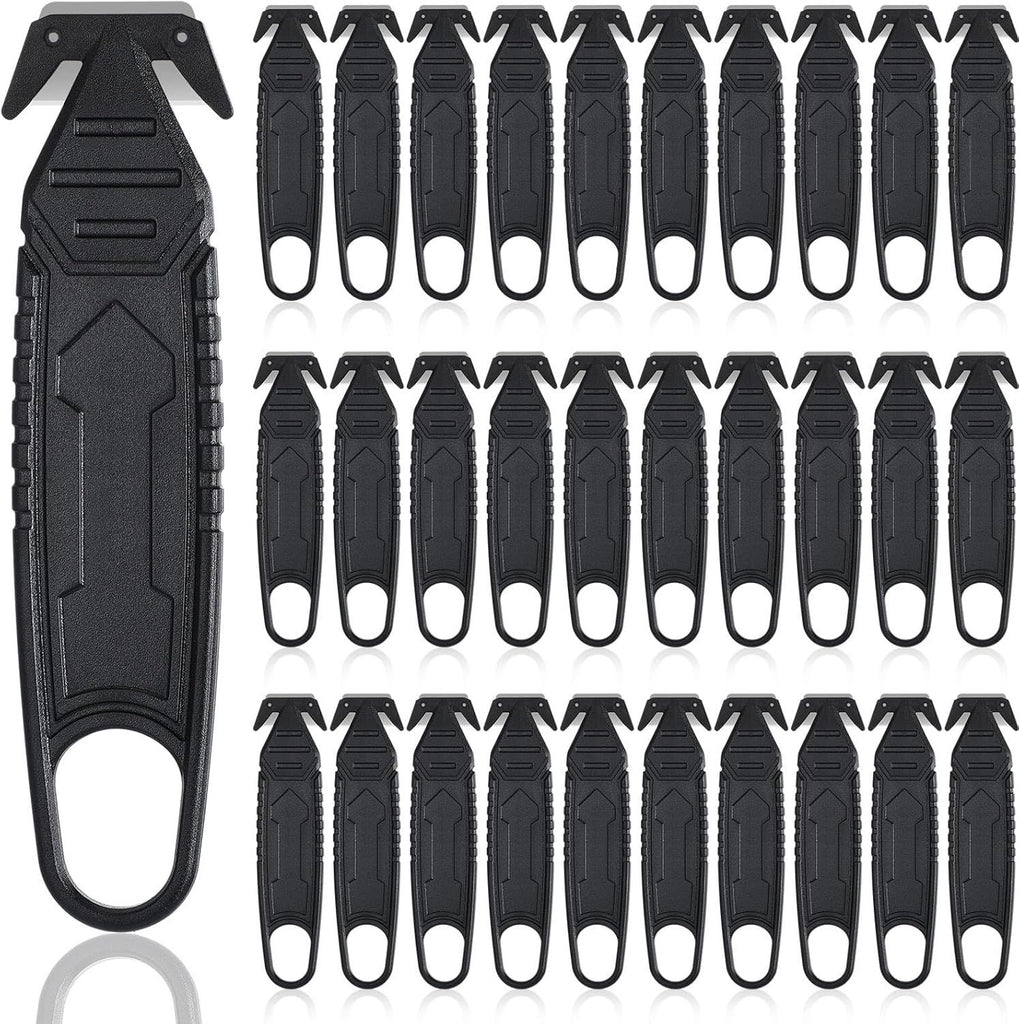 30 Pcs Safety Box Cutter Knife of Stainless Steel Concealed Blade Package Opener with Tape Splitter for Carton Cardboard Wrap Letter Work Bag Straps Film Utility Tool (Black)