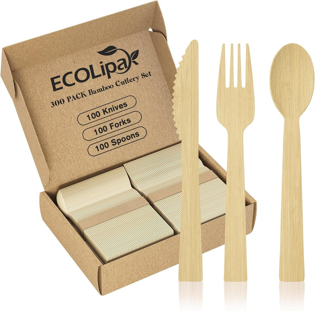 300 Count Bamboo Cutlery Set, 100 Knives, Forks and Spoons each, No Splinters Disposable Cutlery Set Compostable Utensils for Party, Camping, Traveling, Family Dinners