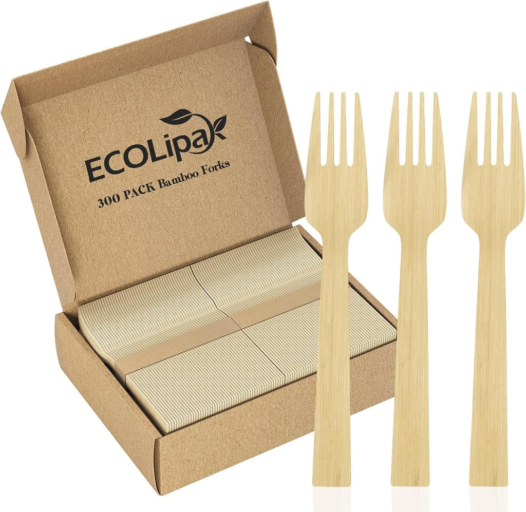 300 Count Bamboo Forks Disposable, 6.7 Inch No Splinters Heavy Duty Bamboo Disposable Compostable Forks for Party, Wedding, Camping, Traveling, Family Dinners, Large Events
