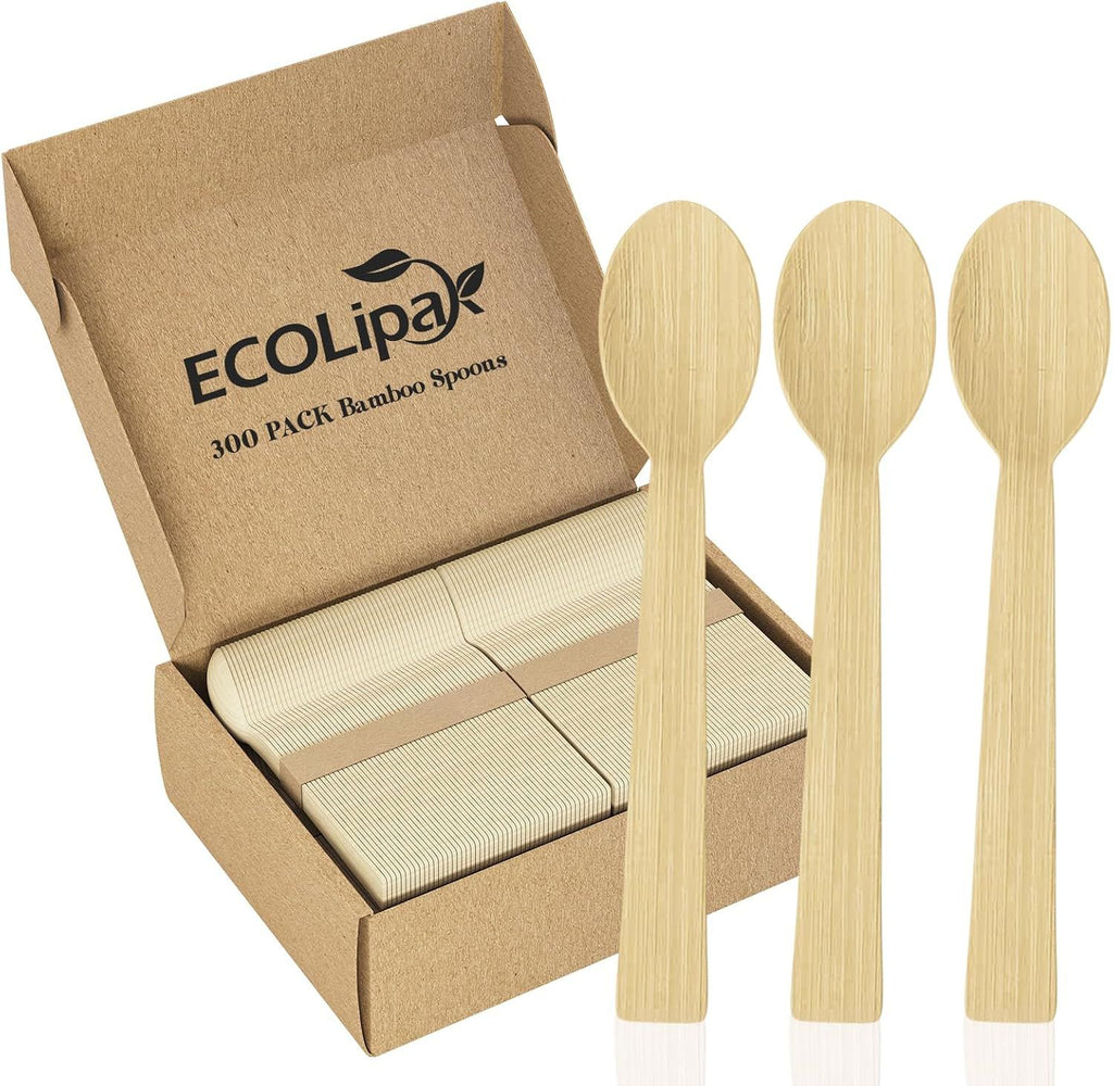 300 Count Bamboo Spoons Disposable, 6.7 Inch No Splinters Heavy Duty Bamboo Disposable Compostable Spoons for Party, Wedding, Camping, Traveling, Family Dinners, Large Events