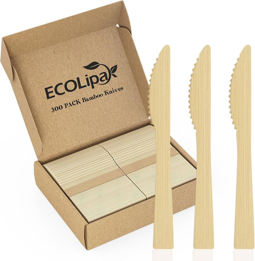 300 Count Disposable Bamboo Knives, 6.7 Inch Bamboo Compostable Disposable Knives for Party, Wedding, Camping, Traveling, Family Dinners, Large Events
