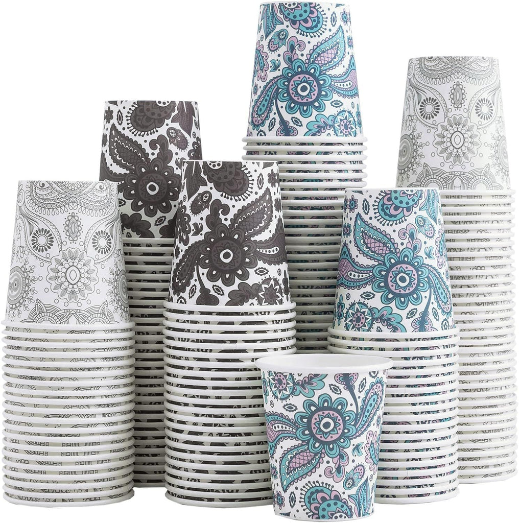 [300 Pack] 3 oz Disposable Paper Cups, Small Mouthwash 3 OZ Mini Bathroom Cups 3 Ounce for Supermarket, Birthday Party, Travel, Events, Picnic, BBQ (Paisley)
