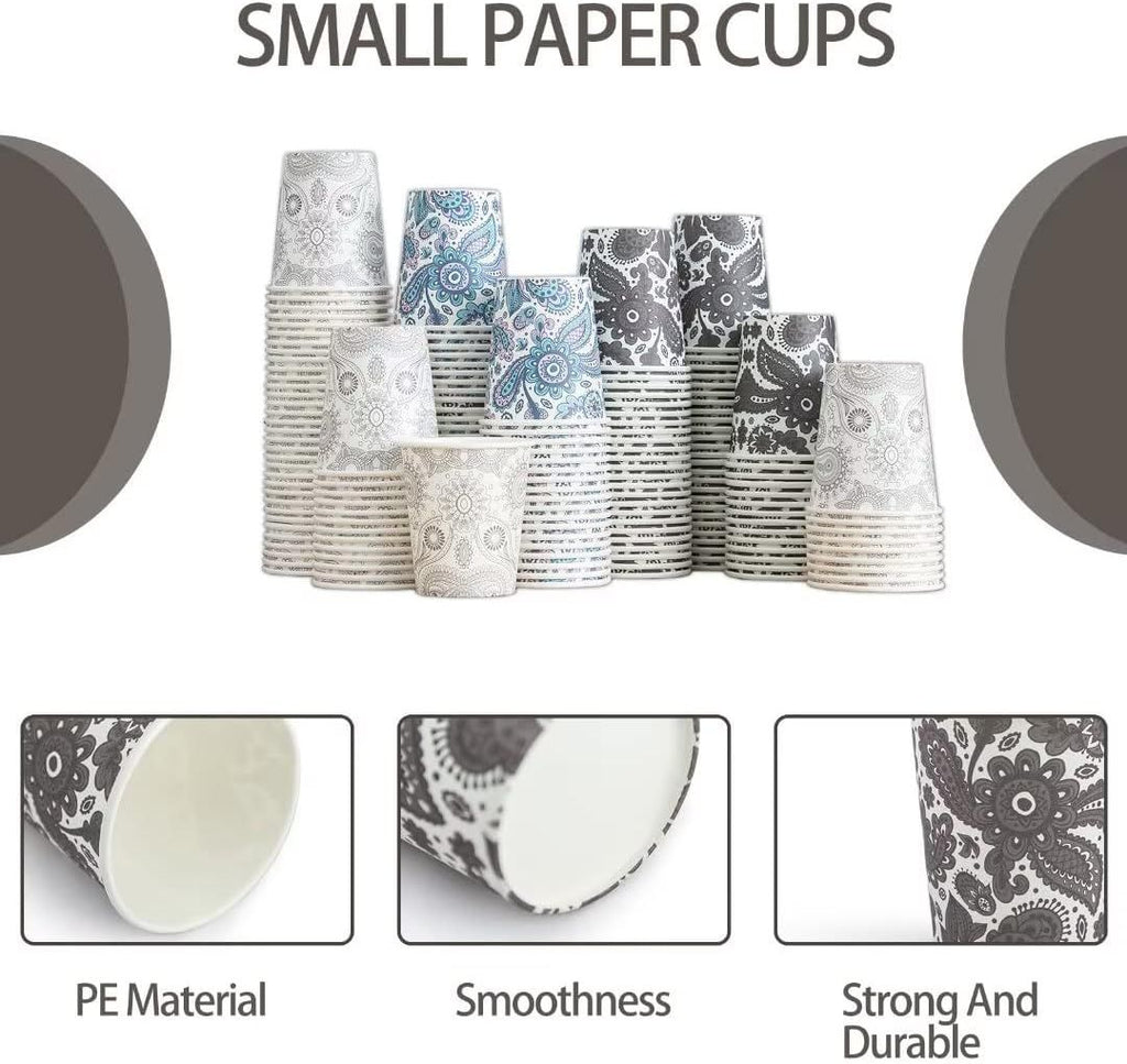 [300 Pack] 5 oz Mini Paper Cups, Small Mouthwash 5 OZ, Disposable Bathroom Cups, Paper Coffee Cups 5 Ounce for Bathroom, Supermarket, Birthday Party, Travel, Events, Picnic, BBQ (Paisley)