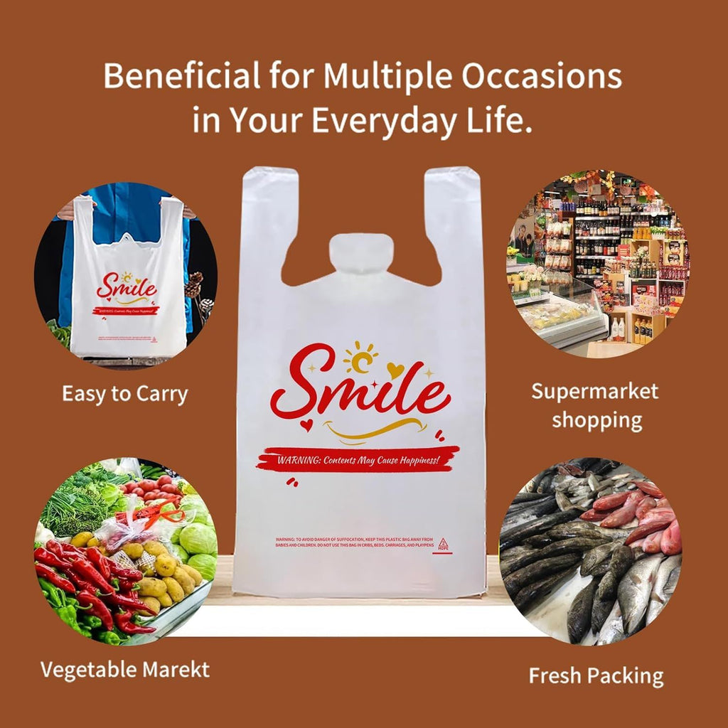 300 Pack White Smile Plastic Bag - 11.5"x6.5"x21" T-Shirt Grocery Bags with Handles, Cheerful Alternative to Thank You Bags, Bulk for Retail, Supermarkets & Small Business