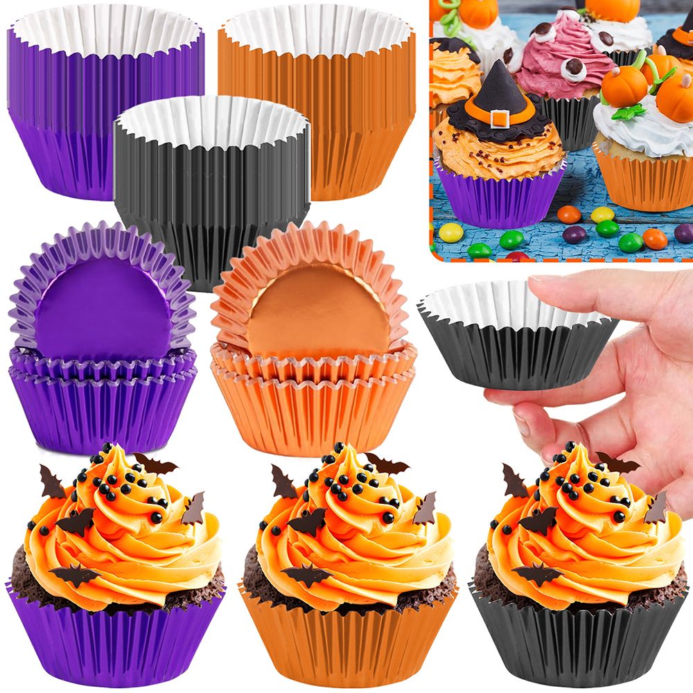 300 Pcs Halloween Foil Cupcake Liners Black Purple Orange Foil Metallic Cupcake Wrappers Halloween Party Standard for Halloween Party Birthday