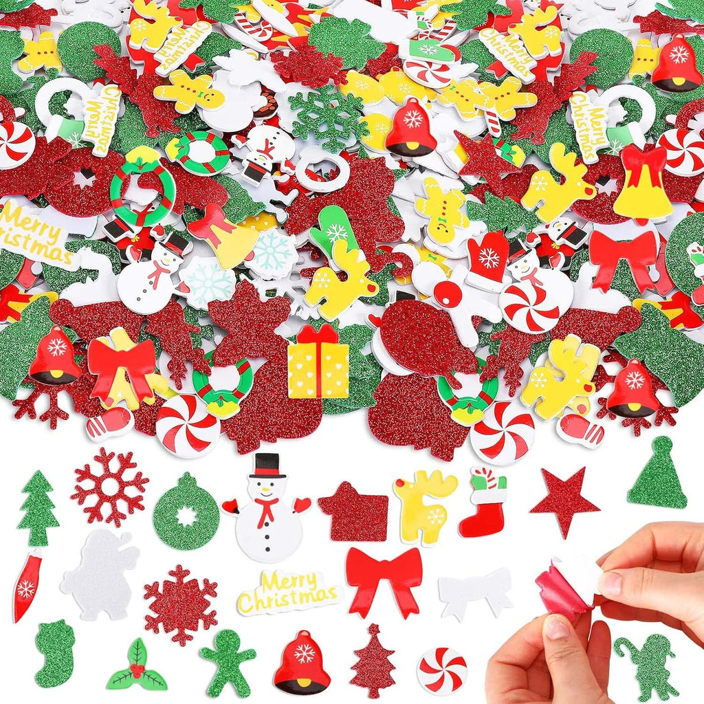 300 Piece Christmas Foam Stickers - Glitter Self Adhesive Stickers for Crafts, Greeting Cards, Home & Party Decoration (Christmas Style)