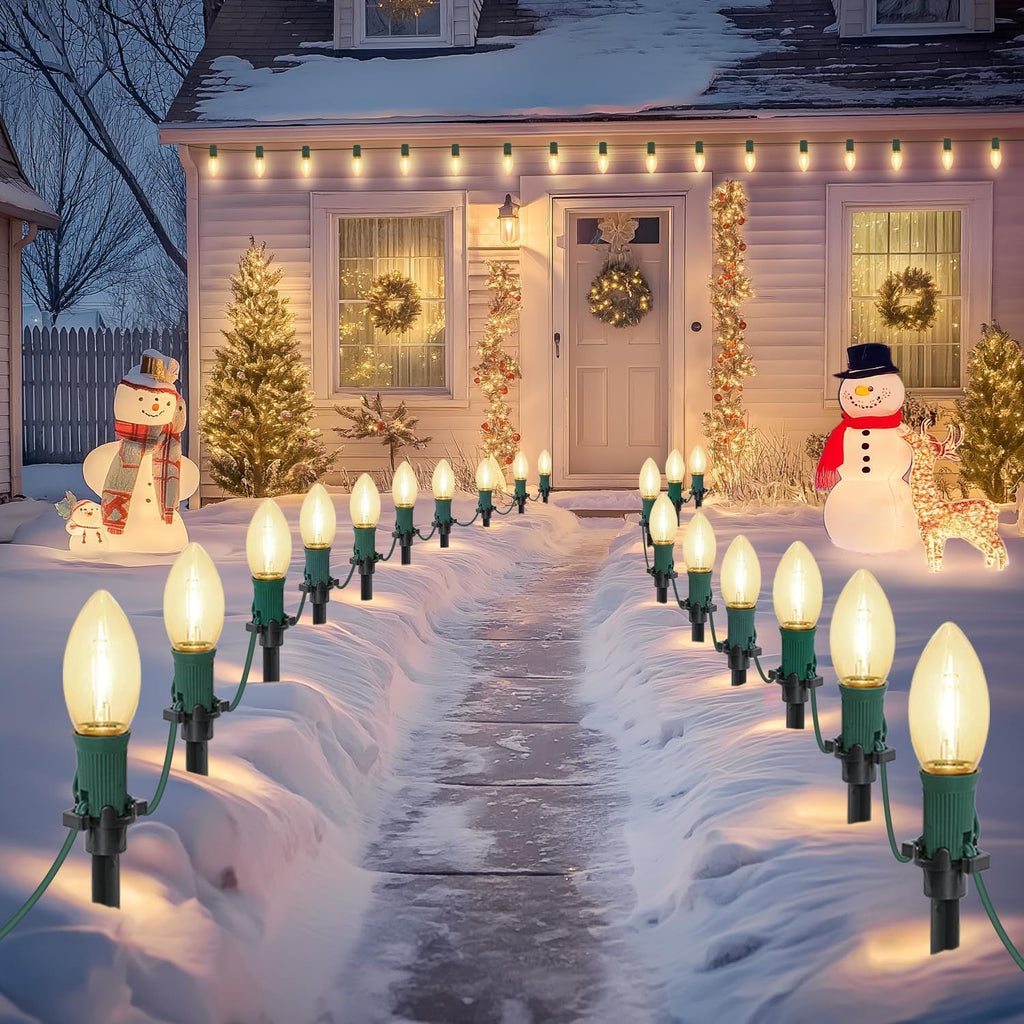 30Ft C9 Led 20 Bulbs Christmas Pathway Lights Outdoor, Warm White Led Bulbs Waterproof Connectable Christmas Walkway Lights with Stakes for Yard Lawn Sidewalk Driveway, Christmas Decorations