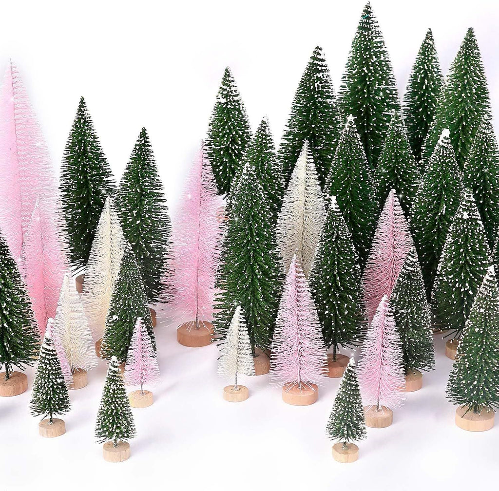 30Pcs Mini Christmas Trees Artificial Christmas Tree Bottle Brush Trees with Wooden Base for Christmas Decor