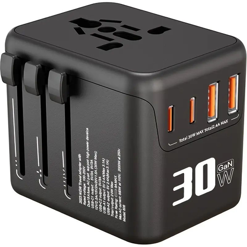 30W GaN Universal Travel Adapter - 2 USB-A + 2 USB-C | Supports Laptops/Hair Dryers | European & Worldwide Plug Adapter | UK/US/AU Compatible