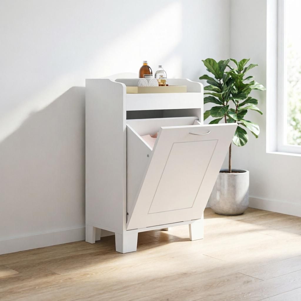 31 Inch Tilt out Laundry Hamper White Free Standing Home Organizer Bathroom Storage Cabinet