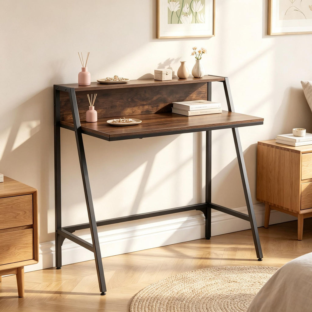 31.5 Inch Industrial Desk with Raised Shelf Metal Frame for Home Office Use