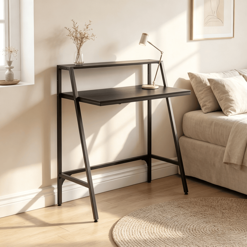 31.5 Inch Industrial Desk with Raised Shelf Metal Frame for Home Office Use