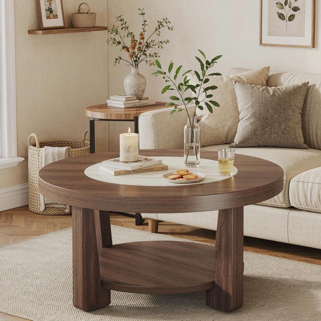 31.5 Inch round Coffee Table with Storage L-Shaped Legs Modern Living Room End Table