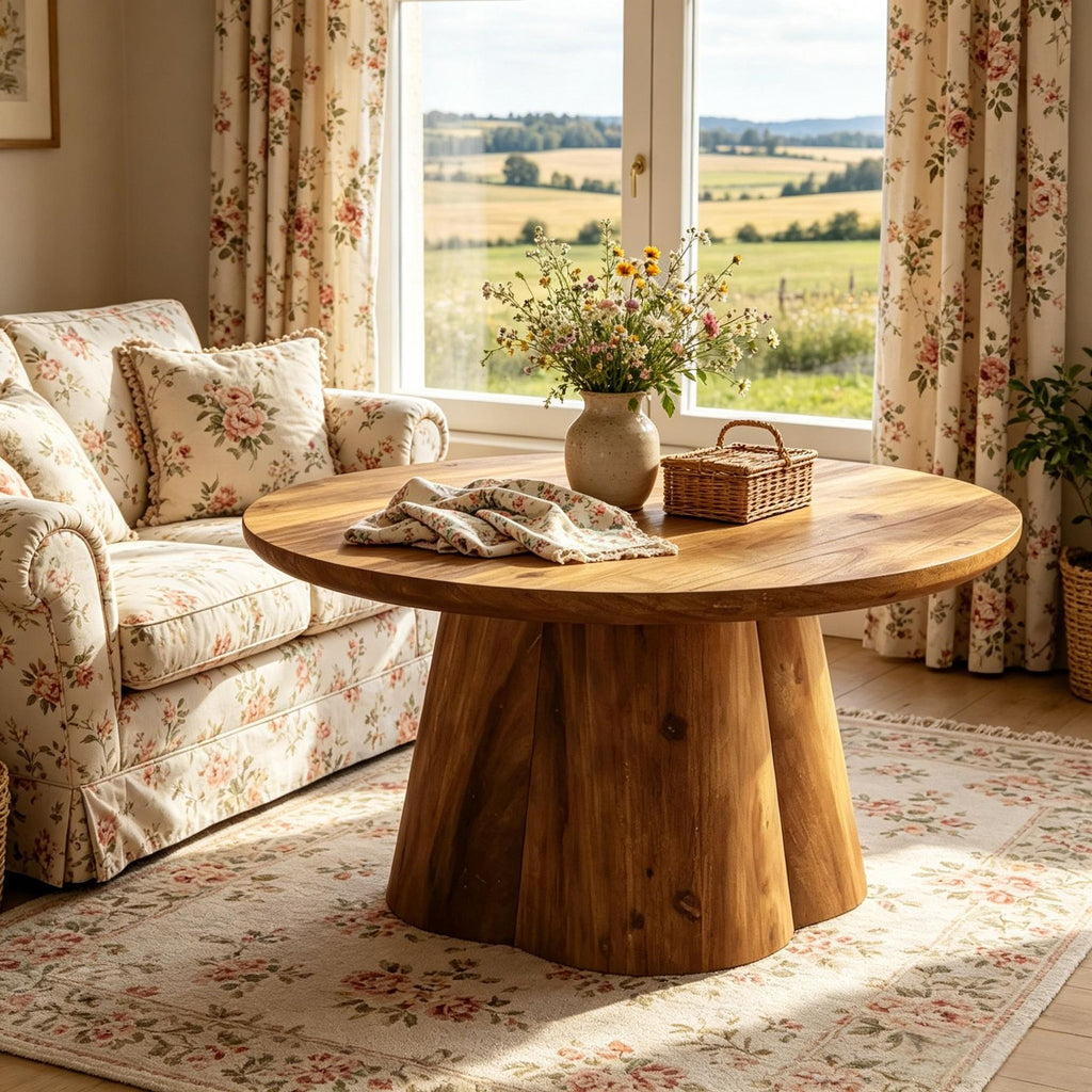 31.5 round Coffee Table Farmhouse Style Solid Wood Center Tea Table with Strong Base