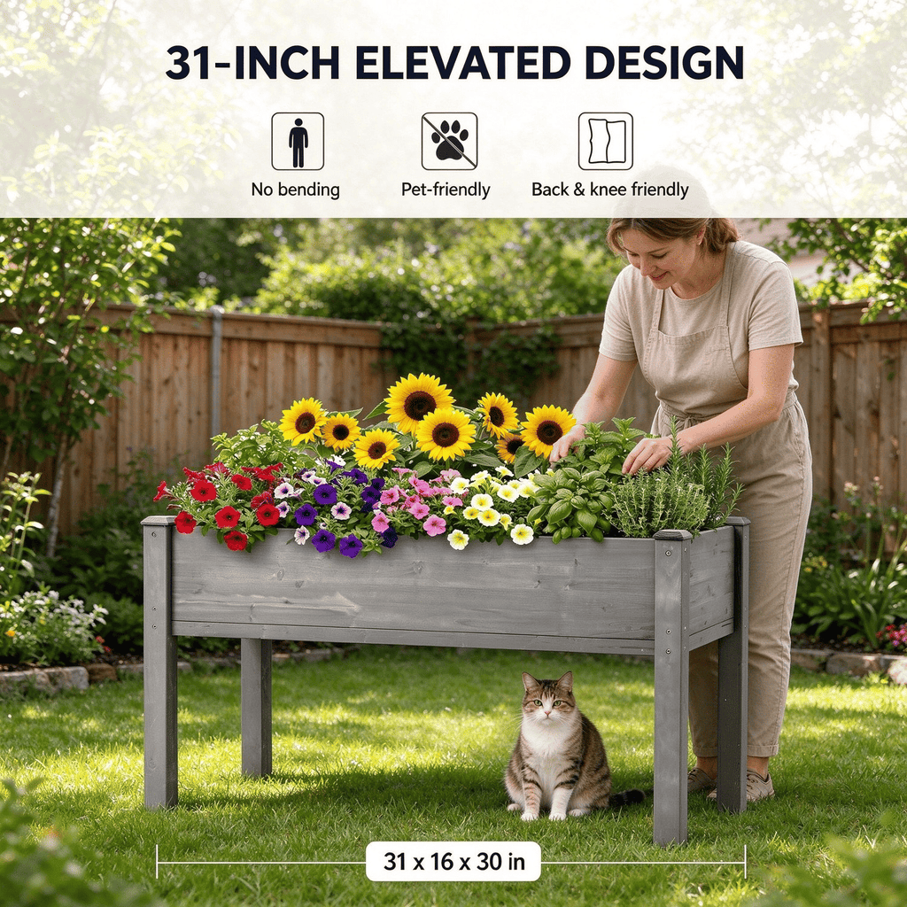 31IN 48IN Size Options Elevated Raised Garden Bed with Legs, Wooden Planter Box for Outdoor Vegetable Herb Flower Fruit Growing OLFC0002 GREY