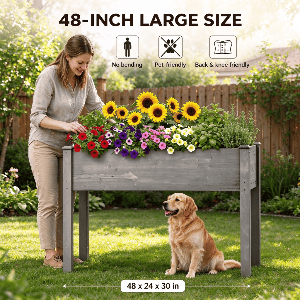 31IN 48IN Size Options Elevated Raised Garden Bed with Legs, Wooden Planter Box for Outdoor Vegetable Herb Flower Fruit Growing OLFC0002 GREY
