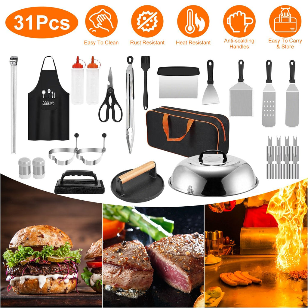 31Pcs Griddle Accessories Kit Flat Top Grill Accessories For Camp Chef with Spatulas Griddle Press Basting Cover Spice Shakers Vegetable Forks Steel Sticks Egg Rings Storage Bag GPCT5398