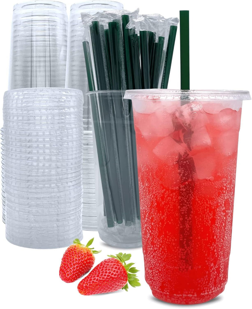 32 oz Clear Plastic Cups with Lids and Straws, Disposable Coffee Cups 25 Sets