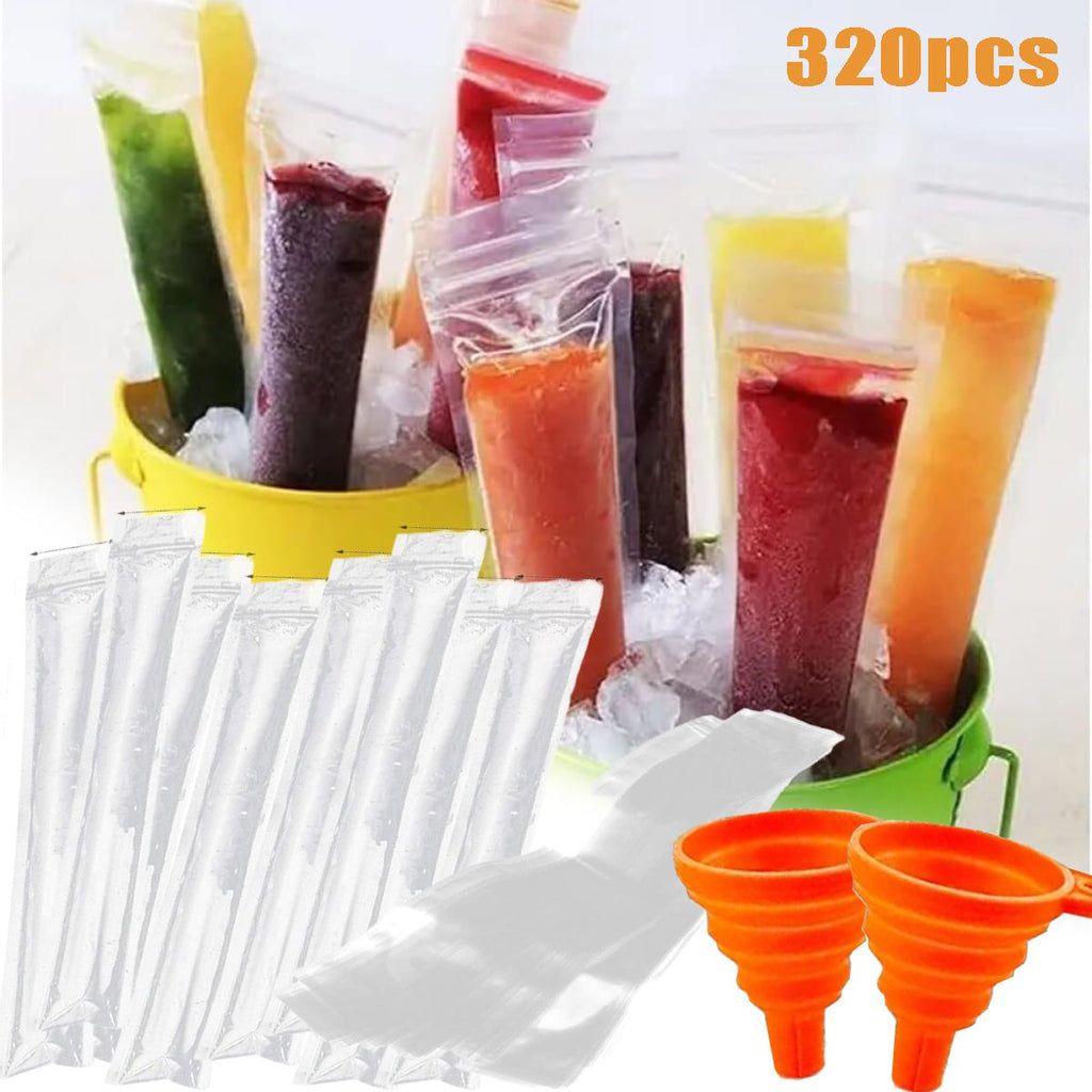 320 Pcs Disposable Beverage Packaging Bag Ice Popsicle Mold Bags with 2 Pcs Orange Funnels DIY Ice Lolly Bags BPA Free Freezer Tubes With Zip Seals for Summer Halloween Birthday Party