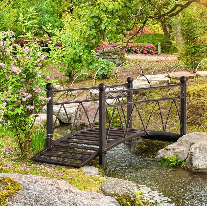 3.3' Classic Garden Bridge Metal Arch Zen Footbridge with Safety Siderails, Decorative Footbridge, Delicate Scrollwork & Corner Spheres for Stream, Fish Pond, Black