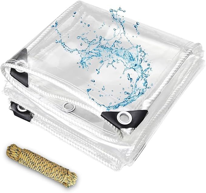 3.3 x 8.2 Feet Clear Waterproof Tarp, Transparent Heavy Duty PVC Vinyl Tarpaulin Cover with Grommets, Anti-Tear Waterproof for Patio Outdoor Camping, Clear Vinyl Tarp