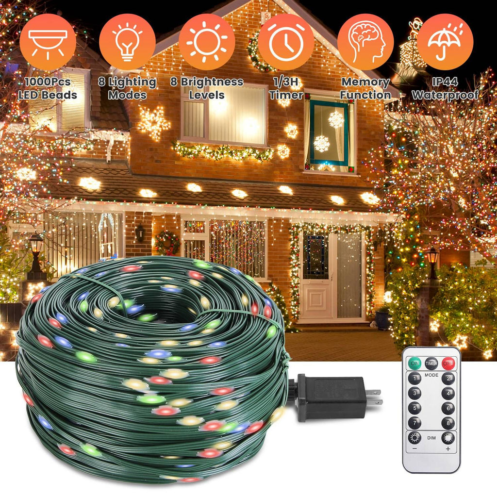 330FT 1000LED String Lights Outdoor Christmas Decoration Lights with Remote IP44 Waterproof 8 Lighting Modes 8 Brightness Timer Plug In Fairy Light Xmas House Holiday Decor