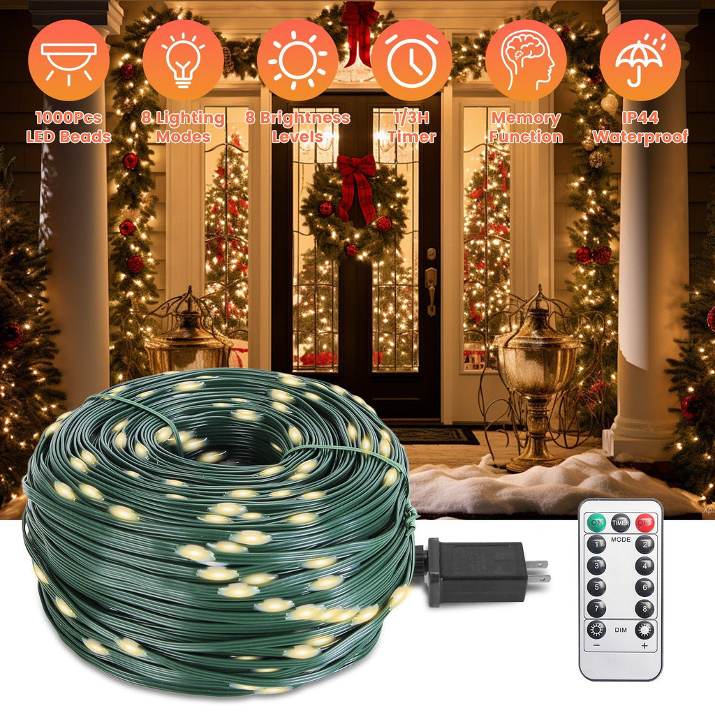 330FT 1000LED String Lights Outdoor Christmas Decoration Lights with Remote IP44 Waterproof 8 Lighting Modes 8 Brightness Timer Plug In Fairy Light Xmas House Holiday Decor