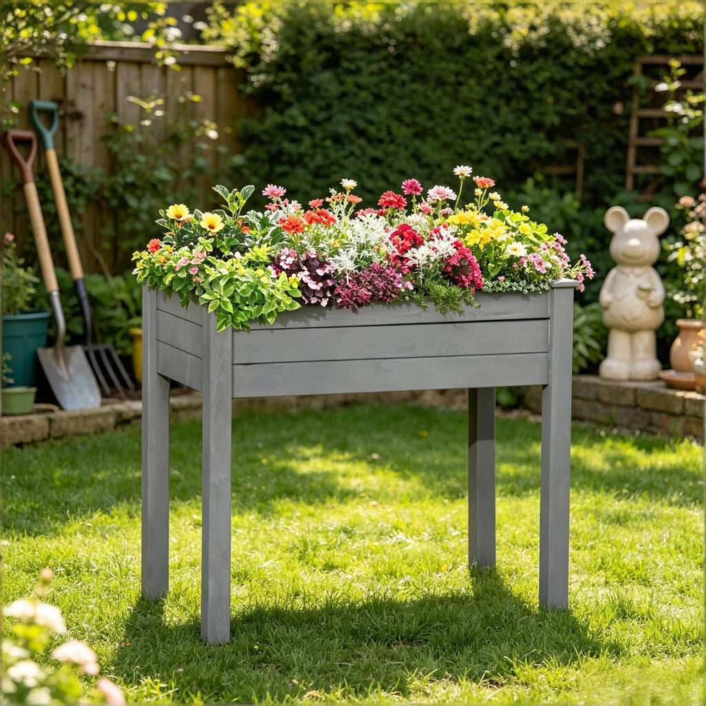 34' Elevated Wooden Raised Garden Bed Planter Box with Drainage Holes for Vegetables Herbs Flowers Dark Gray for Backyard Gardening