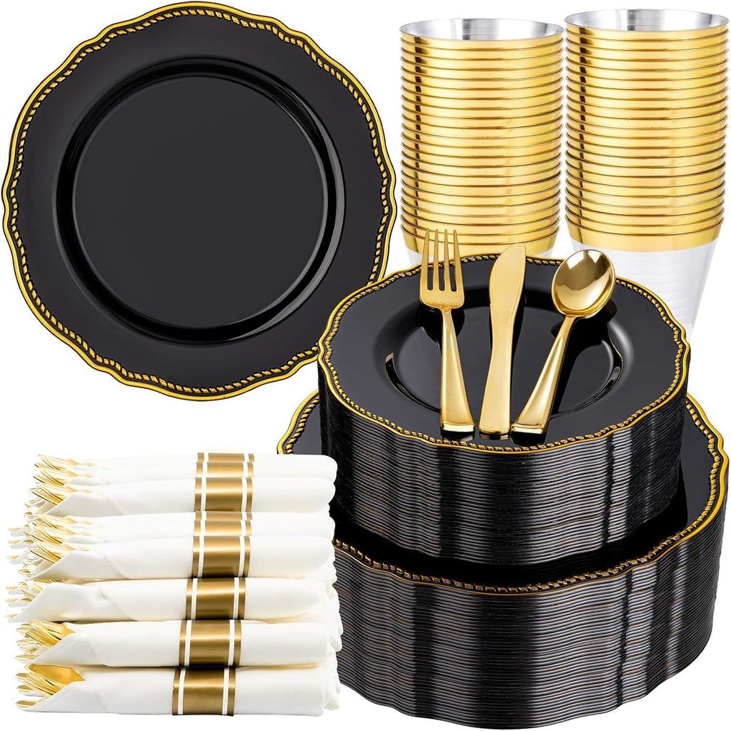 350pcs Black and gold Plastic Plates - Gold Plastic Dinnerware Set Includes 50 Dinner Plates, 50 Dessert Dinnerware, 50 Cups, 50 Rolled Napkin Cutlery Perfect for Wedding & Party
