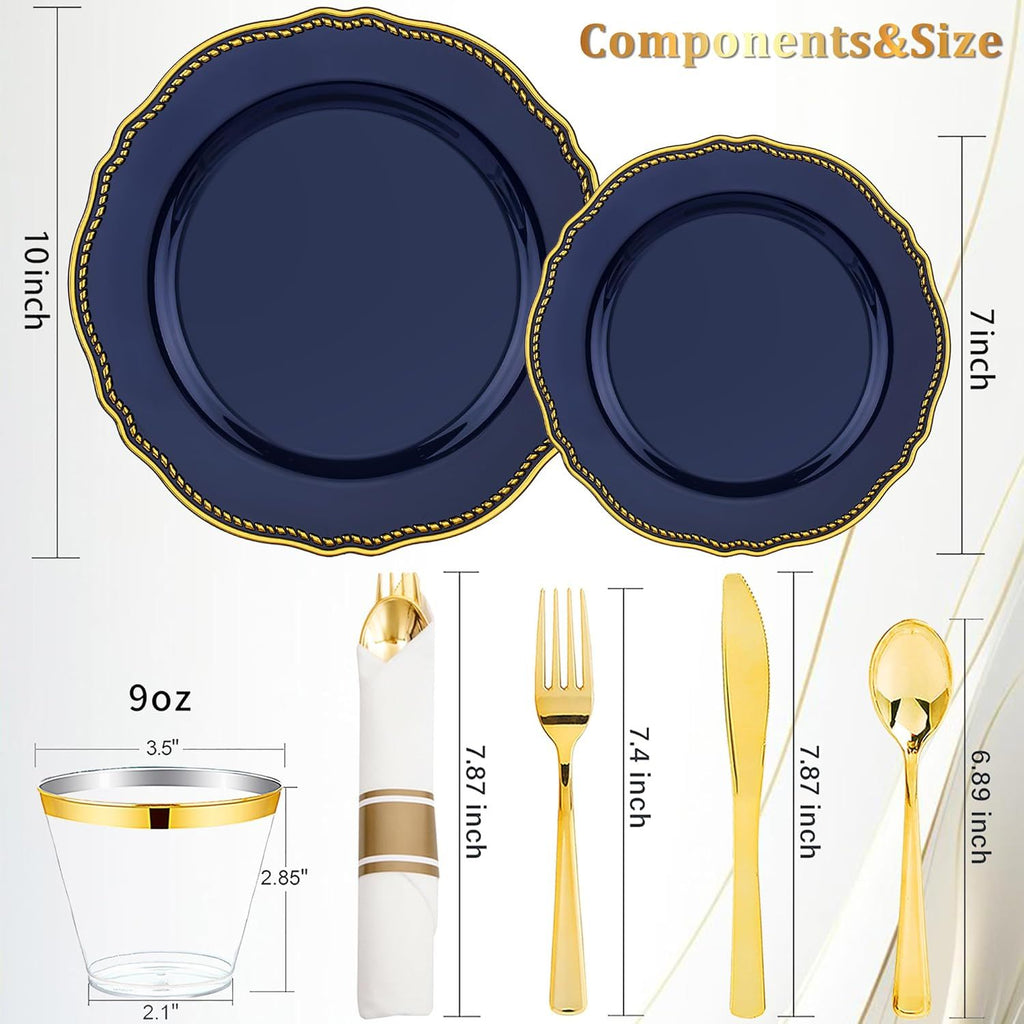 350pcs Blue and gold Plastic Plates - Blue Plastic Dinnerware Set Includes 50 Dinner Plates, 50 Dessert Dinnerware, 50 Cups, 50 Rolled Napkin Cutlery Perfect for Wedding