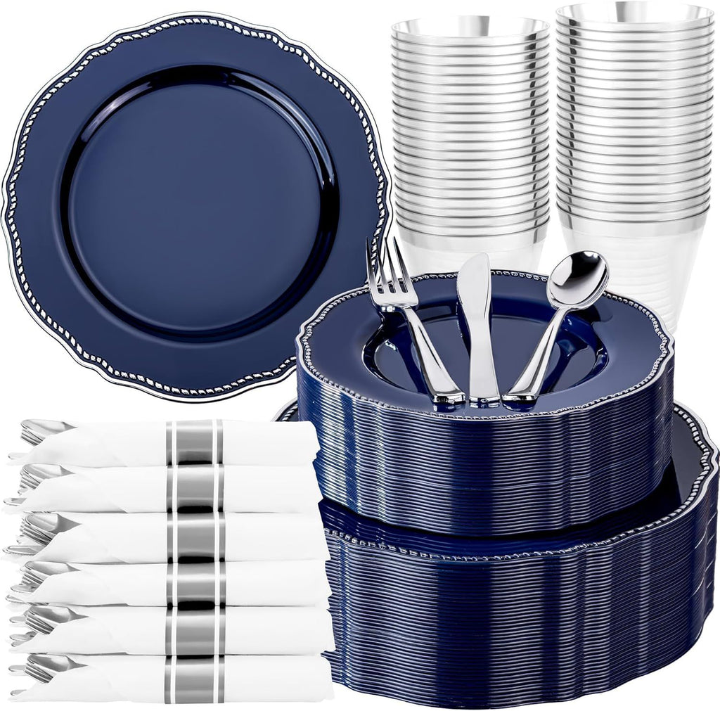 350pcs Blue Silver Plastic Plates - Silver Plastic Dinnerware Set Includes 50 Dinner Plates, 50 Dessert Dinnerware, 50 Cups, 50 Napkins Perfect for Wedding & Party