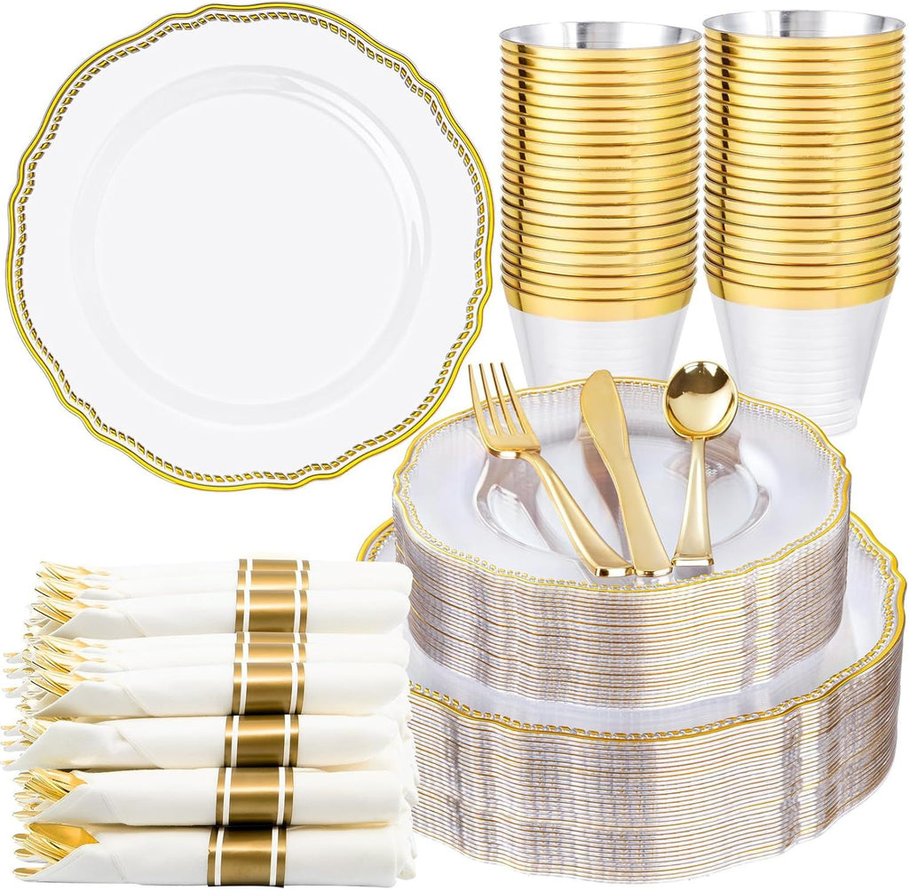 350pcs Clear Gold Plastic Plates - Gold Plastic Dinnerware Set Includes 50 Dinner Plates, 50 Dessert Dinnerware, 50 Cups, 50 Rolled Napkin Cutlery Perfect for Wedding & Party