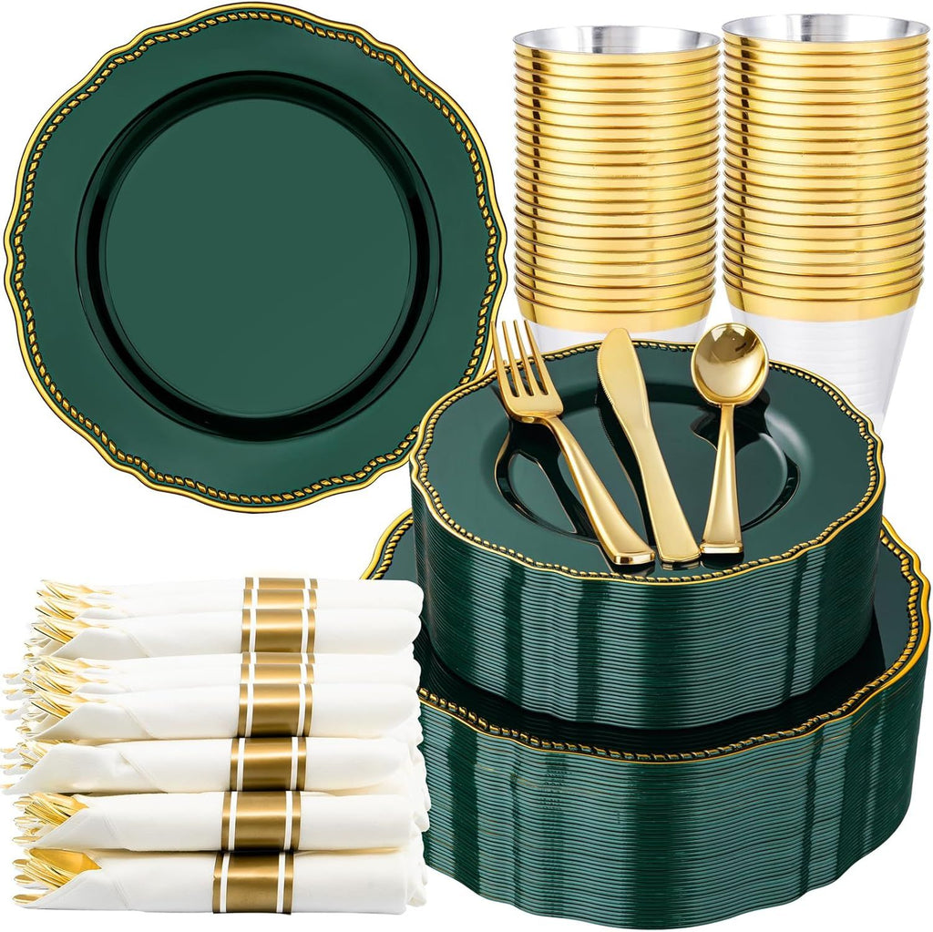 350pcs Green Gold Plastic Plates - Gold Plastic Dinnerware Set Includes 50 Dinner Plates, 50 Dessert Plates, 50 Gold Utensils, 50 Napkins Perfect for Wedding