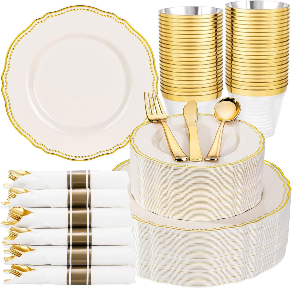 350pcs Ivory Gold Plastic Plates - Gold Plastic Dinnerware Set Includes 50 Dinner Plates, 50 Dessert Dinnerware, 50 Cups, 50 Napkins Perfect for Wedding & Party