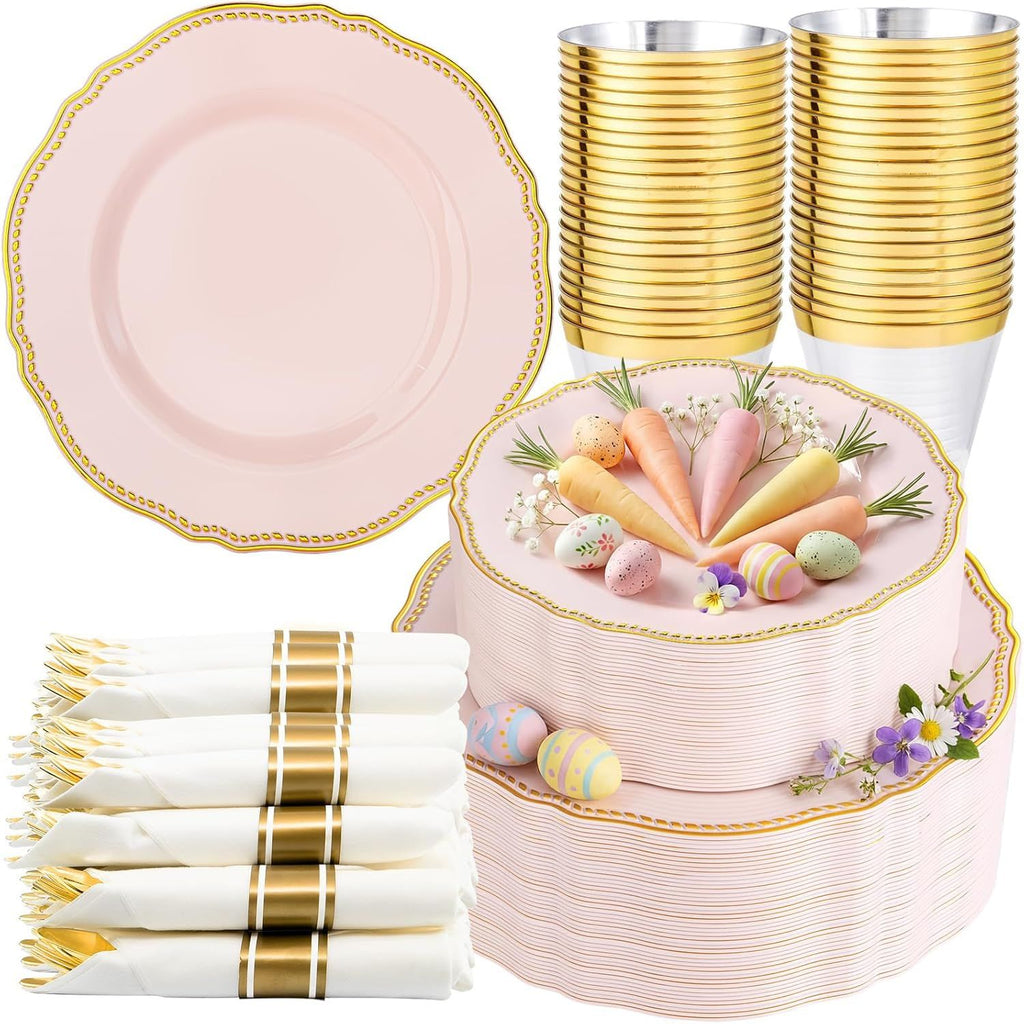 350pcs Pink and gold Plastic Plates - Pink Plastic Dinnerware Set Includes 50 Dinner Plates, 50 Dessert Dinnerware, 50 Cups, 50 Rolled Napkin Cutlery Perfect for Wedding & Easter